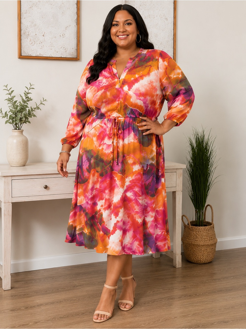 Lildy Abstract Watercolor Print Drawstring Waist Midi Dress 2XL/3XL